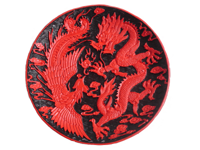 Chinese dragon and phoenix cinnabar lacquer plate