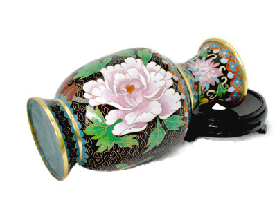 8 inch black cloisonne peonies vase