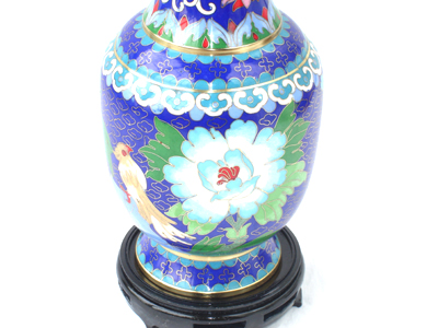 pair of 8 inch blue cloisonne peonies vases