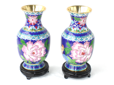 pair of 8 inch blue cloisonne peonies vases