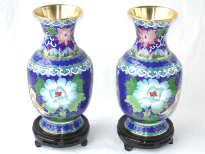 pair of 8 inch blue cloisonne peonies vases
