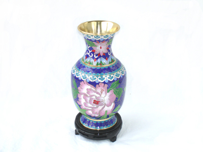 pair of 8 inch blue cloisonne peonies vases