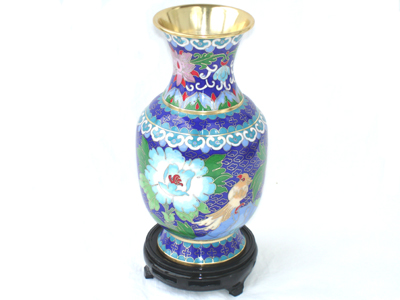 pair of 8 inch blue cloisonne peonies vases