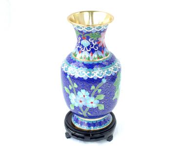 pair of 8 inch blue cloisonne peonies vases