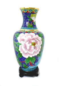 pair of 10 inch blue cloisonne peonies vases