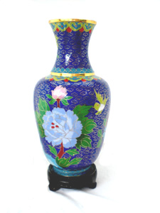 pair of 10 inch blue cloisonne peonies vases