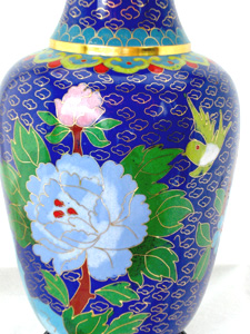 pair of 10 inch blue cloisonne peonies vases