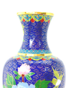 pair of 10 inch blue cloisonne peonies vases