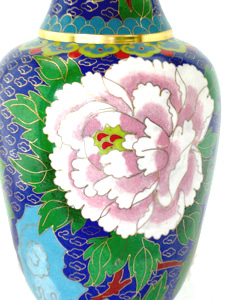 pair of 10 inch blue cloisonne peonies vases