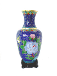 pair of 10 inch blue cloisonne peonies vases