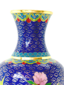 pair of 10 inch blue cloisonne peonies vases