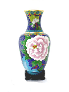 10 inch blue cloisonne peonies vase
