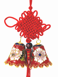 pair of red cloisonne Christmas bells