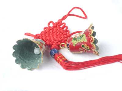 pair of red cloisonne Christmas bells