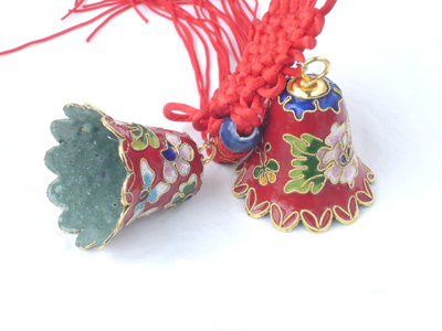 pair of red cloisonne Christmas bells
