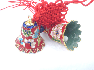 pair of red cloisonne Christmas bells