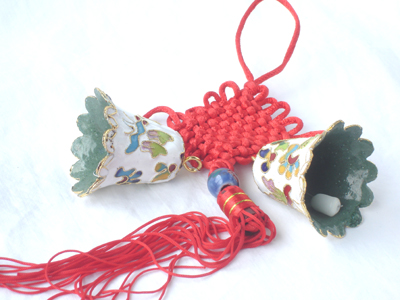 pair of white cloisonne Christmas bells