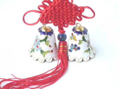 pair of white cloisonne Christmas bells