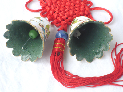 pair of white cloisonne Christmas bells