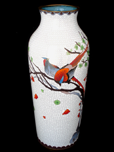 white slender cloisonne vase birds plum blossoms