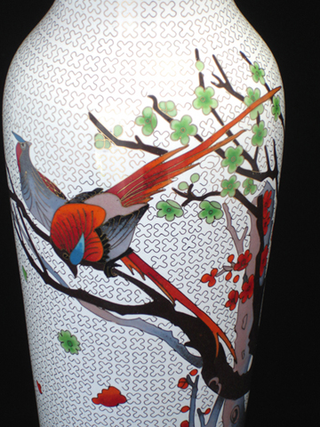 vintage large white Chinese cloisonne vase birds plum blossoms 10