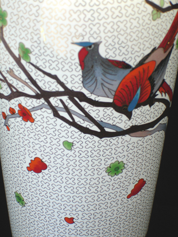 vintage large white Chinese cloisonne vase birds plum blossoms 12