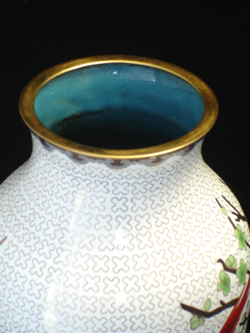 vintage large white Chinese cloisonne vase birds plum blossoms 15