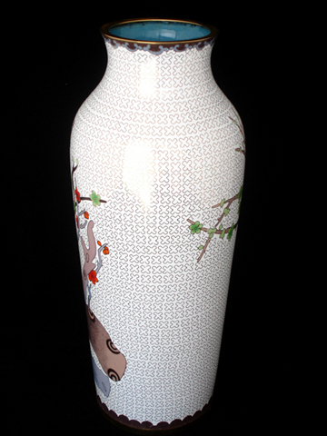 vintage large white Chinese cloisonne vase birds plum blossoms 5