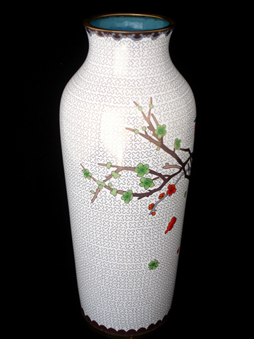 vintage large white Chinese cloisonne vase birds plum blossoms 6