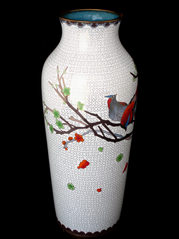 vintage large white Chinese cloisonne vase birds plum blossoms 7