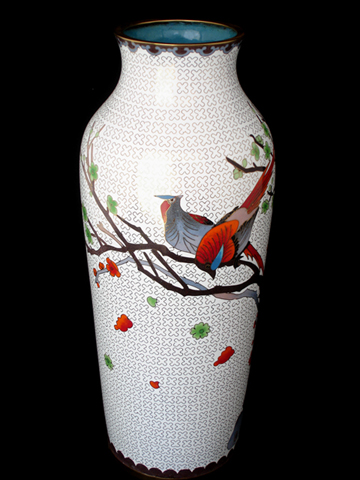 vintage large white Chinese cloisonne vase birds plum blossoms 8