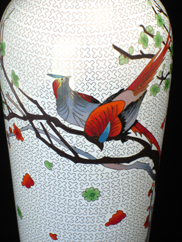 vintage large white Chinese cloisonne vase birds plum blossoms 9
