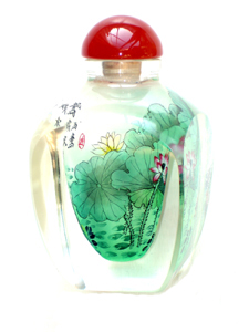 Thick square glass inside painting ducks and lotuses snuff bottle