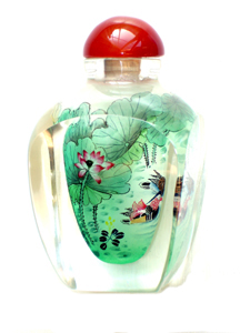 Thick square glass inside painting ducks and lotuses snuff bottle