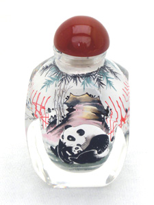 Thick square glass inside painting pandas snuff bottle