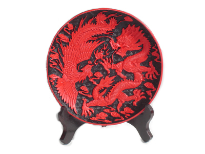 8 inch dragon and phoenix cinnabar lacquer display plate