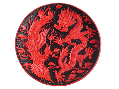 8 inch dragon and phoenix cinnabar lacquer display plate