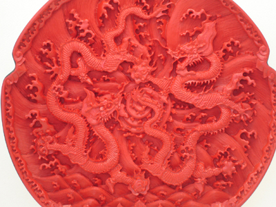cinnabar lacquer two dragons over sea water plate