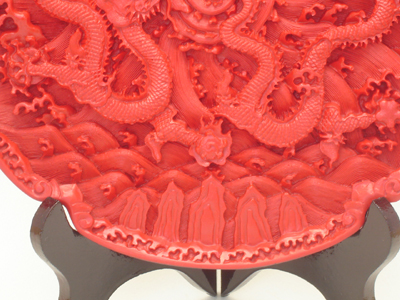 cinnabar lacquer two dragons over sea water plate