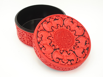 carved Chinese cinnabar lacquer trinket box five bats prosperity 6 carved Chinese cinnabar lacquer trinket box five bats prosperity 6