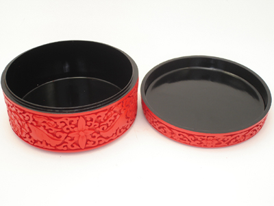 carved Chinese cinnabar lacquer trinket box five bats prosperity 7 carved Chinese cinnabar lacquer trinket box five bats prosperity 7