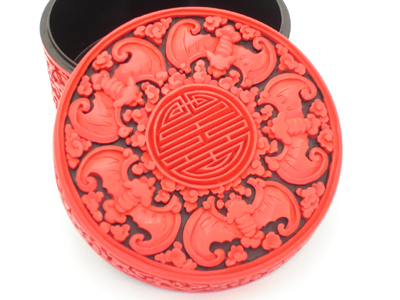carved Chinese cinnabar lacquer trinket box five bats prosperity 9 carved Chinese cinnabar lacquer trinket box five bats prosperity 9
