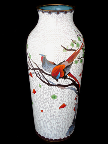 Fine Large White Decorative Chinese Cloisonne Vase pair of birds 1
