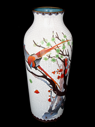 Fine Large White Decorative Chinese Cloisonne Vase pair of birds 2